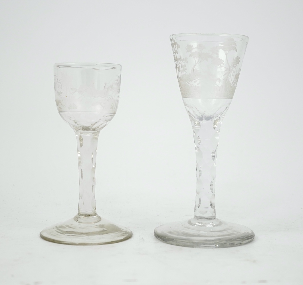 Two faceted wine glasses, engraved with hunting scenes, c.1780